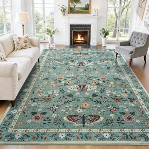 5x7 Area Rugs for Living Room, Soft Washable Insect Rug for Bedroom, Floral Butterfly Low Pile Modern Carpet Non Slip Thin Large Throw Carpets for Dining Room Kitchen Home Office,Light Green
