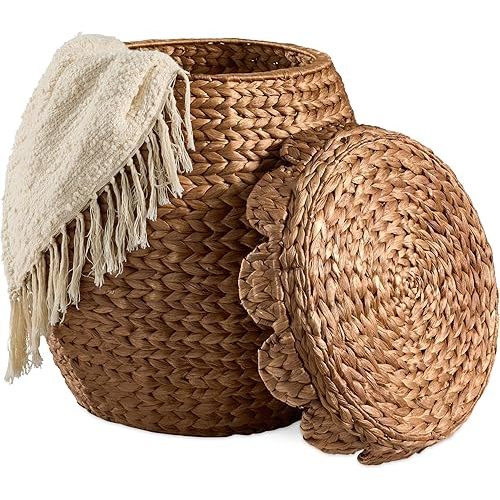 Best Choice Products Scalloped Multipurpose Hyacinth Storage Basket, Plant Décor, Handwoven Organizer Tote for Bedroom, Living Room, Nursey, w/Lid - Chestnut