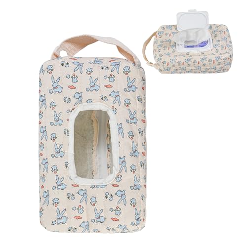 Quilted Baby Wipe Holder Floral Diaper Pouch Portable Quilted Wipes Bag for Car, Stroller (Rabbit & Floral)