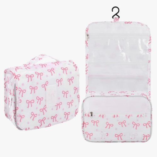 Pengxiaomei Hanging Toiletry Bag, Pink Bow Waterproof Cosmetic Bag Portable Makeup Pouch Wash Bag with Handle for Kids Teen Girls Tea Party Spring Party Mothers Day Gifts
