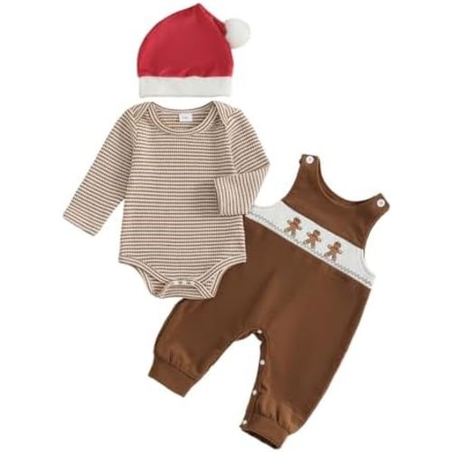 HYADRBLEBY Baby Boy Christmas Outfit Newborn Long Sleeve Smocked Romper Overalls Pants Hats 3Pcs Boy First Christmas Outfit (Gingerbread, 0-3 Months)