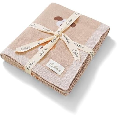 Avibae Cable Knit Baby Blanket, Soft Cotton, 40x30 Inches, Newborn Receiving Blanket for Crib Stroller, Lovely Puppy Pattern (Khaki, Baby)