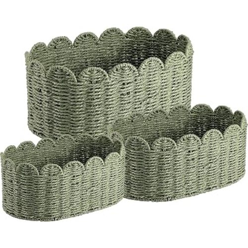Newtay Scalloped Baskets Set of 3 for Organizing Sage Green Paper Rope Storage Baskets Shelves Handwoven Decorative Woven Bins for Shelves Closet Bathroom Living Room Nursery Bedroom