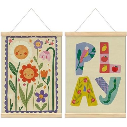 NaZaUK Kids Playroom Wall Art Decor Set of 2 - Retro Floral Kids Room Canvas Frame Hanging Prints, Cute Nursery Wall Decor for Girls Bedroom Playroom Classroom Home Decorations, 12x16 Inch