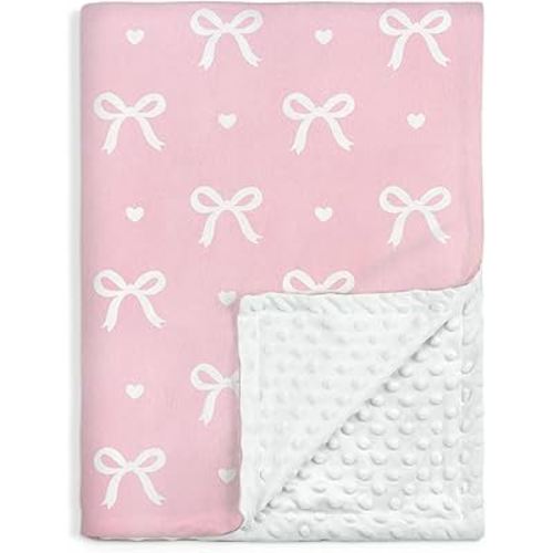 Bow Minky Baby Blanket 30 x 40 Inches for Girls, Soft Plush Receiving Blanket with Dotted Back, Gift for Toddler Newborn Infant Christmas Birthday Baby Shower