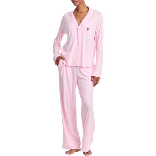 U.S. POLO ASSN. Womens Lightweight Notch Collar Pajama Set | Classic Button Down Pajamas for Women with Long Sleeve Top and Pajama Pants
