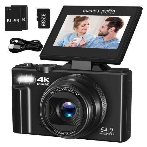 Saneen Digital Camera 4K 64MP Vlogging Camera for YouTube 3''180°Flip Screen 18X Zoom Autofocus 32GB SD Card Video Cameras for Beginners