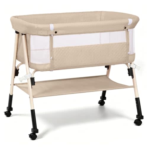 3-in-1 Baby Bassinet Bedside Sleeper for Newborn, Baby Crib Beige | Bedside Bassinet with Breathable Mesh, Portable, 4- Adjustable Height, Mattress, Storage Basket & Lockable Wheels, CPSC