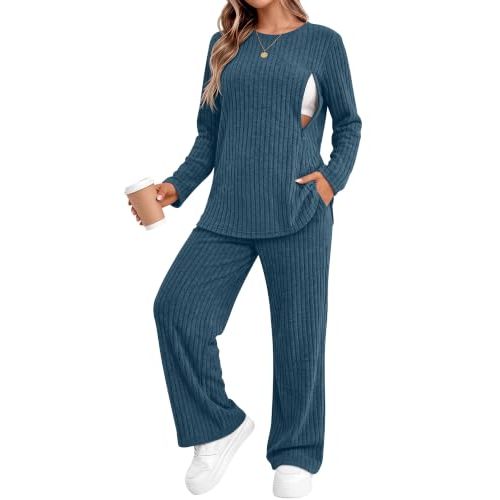 2 Piece Ribbed Maternity Nursing Set Postpartum | Lightweight Fall Winter Breastfeeding Outfits, Long Sleeve Zipper Shirt, Baggy Wide Leg Pants Pockets, Cozy Lounge Daily Wear
