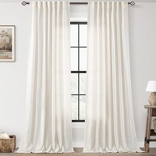 Natural Semi Sheer Linen Curtain 90 inch Length 2 Panels Set Back Tab Light Filtering Living Room Curtain Drapes Home Office Modern Minimalist Decor Farmhouse Boho Neutral Cream Curtain 90 inches Long