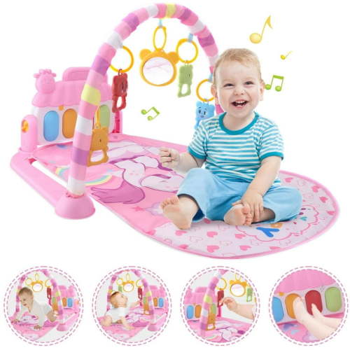 Baby Play Mat with Piano, Musical Activity Fitness Gym for Newborn, Infant Playmat Piano Suitable for 0-3 Year Boys and Girls Tummy Time, Pink