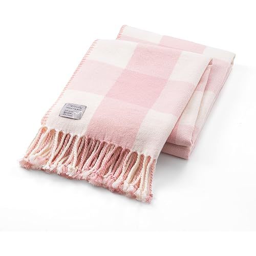Mellowdy Classic Checkered Blanket - Faux Cashmere Plaid Throw with Fringe - Soft Woven, Lightweight, Farmhouse, Vintage Inspired Décor for Couch, Chair, Office (Lotus Pink, 50x60)