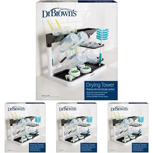 Dr. Brown's Drying Tower, Stand-Up Drying Rack, Countertop Baby Bottle Drying with Organized Storage for Baby Essentials, Space Saving Vertical Rack, Black/White