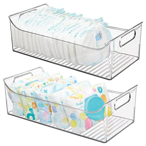 mDesign Portable Nursery Storage Plastic Baby Organizer Storage Caddy Bin w/Handles for Kids/Child Essentials - Holds Diapers, Wipes, Bottles, Baby Food - 16" Long - Ligne Collection - 2 Pack - Clear