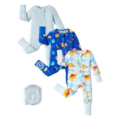PATPAT Baby Footies Boys Girls - Bamboo Viscose - Zipper & Non-Slip Soles Romper Mitten - Footed & Footless Infant Clothes