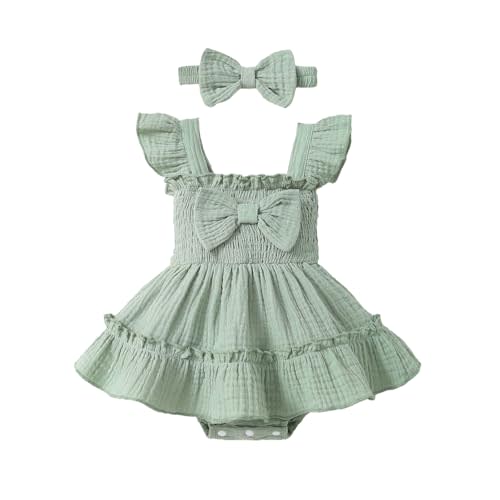 Baby Girl Smocked Romper Dress Ruffle Bow Summer Outfit | 100% Cotton Smocked Romper Dress With Matching Headband. Breathable Ruffle Sleeve Design, Perfect for Summer Daily Wear.