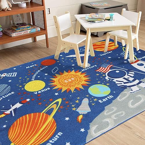 HUAHOO Kids Rug Educational Learning Carpet Galaxy Planets Stars Blue Children's Fun Area Rug Nursery Rugs Solar System Rectangle Rug (Stars, 39"x51") (39'' x 51'')