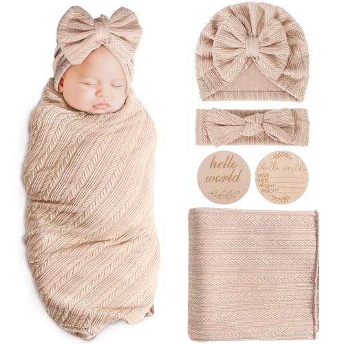 AQOKKA Newborn Receiving Blanket with Bow Hat Headband Wooden Card Set Wheat-Pattern Newborns Toddler Baby Boy Girl Nursery Swaddle Wrap