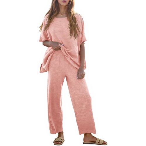 Tankaneo Women's 2 Piece Travel Outfits Casual Short Sleeve Knit Sweater Set Wide Leg Pants Lounge Sets Tracksuit