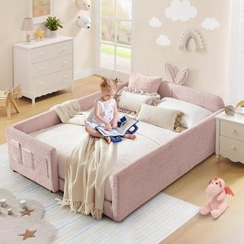 Full Size Kids Bed with Rabbit Ear Headboard, Upholstered Boucle Fabric Full Daybed with Slats Support & Side Pockets, Space-Saving Wooden Corner Sofa Couch Bed Frame for Girls, Boys, Teenager(Pink)