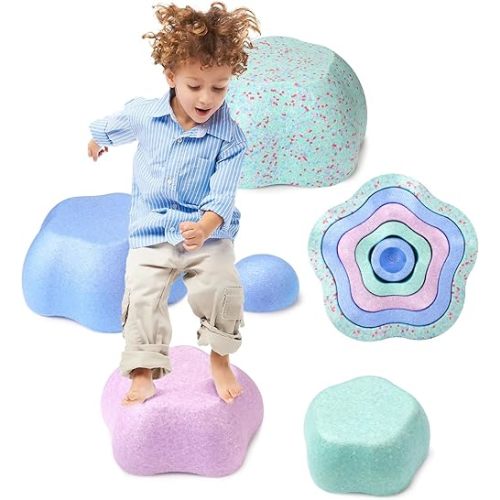 LESSETI 5 PCS Flower Stepping Stones for Kids, Colorful Stacking Balance Toys, Obstacle Course Coordination Game Toy for Toddlers 1-3, Indoor or Outdoor Play, Bath Toy, Birthday Gift for Age 4 5 6+