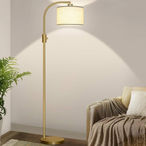 Nintiue Upgraded Modern Arc Dimmable Tall Standing Floor Lamp with Linen Shade, 1200 Lumens LED Bulb Included, for Living & Reading Room, Bedroom, Office & Nursery, Gold
