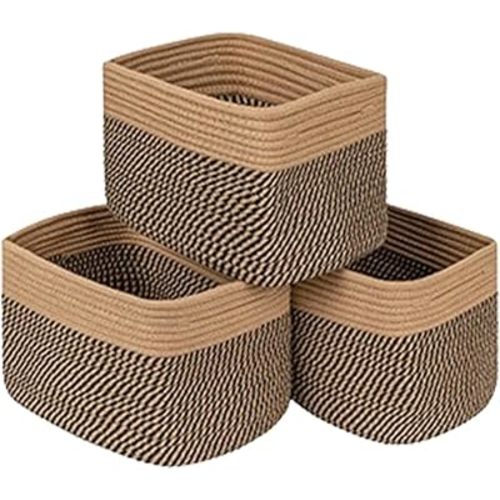 Square Storage Cube Bins Shelf Organizer Baskets,Woven Cube Storage Bins for Baby Nursery,Skin-friendly Woven Rope Baskets for Organizing,Oval 3 Packs Mixed Black