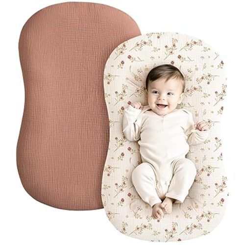 Konssy Muslin Baby Lounger Cover 2 Pack, 100% Cotton Newborn Lounger Cover, Soft and Breathable Baby Nest Slipcover for Boys Girls (Chestnut, Posy)