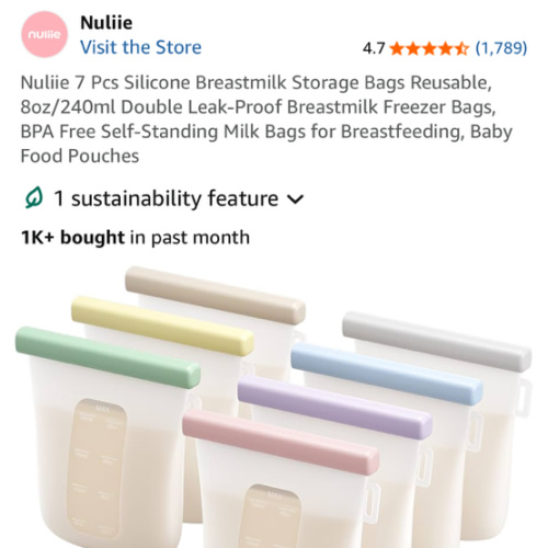 Nuliie 7 Pcs Silicone Breastmilk Storage Bags Reusable, 8oz/240ml Double Leak-Proof Breastmilk Freezer Bags, BPA Free Self-Standing Milk Bags for Breastfeeding, Baby Food Pouches