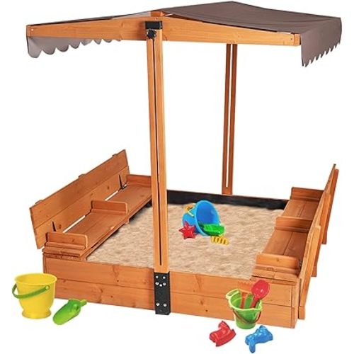 Sandbox with Cover,Large Wooden Sand Box with lids Foldable Beench Seats,Sand Boxes for Backyard Garden, Beach Patio Outdoor (GUT05)