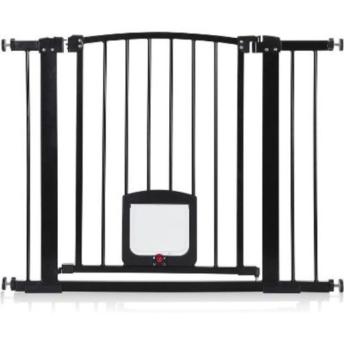 Upgrade Pet & Baby Safety Gate with Cat Flap , Pressure Mounted, Auto-Close, Double Lock, Drill-Free Metal Barrier for Stairs & Doorways, Black