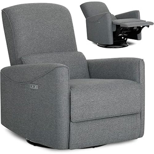 Evolur Belmont - Silla mecedora para guardería con masajeador en gris cósmico, reclinable manual con giro de 275°, soporte lumbar y bolsillos laterales, mecedora moderna para habitación de bebé