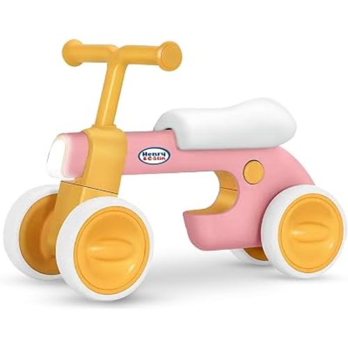 Henry & Colin First Balance Bike for 1 Year Old, 4 Wheel Toddler Bike with Fun Lights & Music, Soft Seat, No-Pedal Ride On Toy, 1st Birthday Gift for Boys & Girls Ages (12–36 Months) Classic Pink