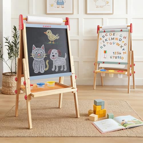 WINGYZ 3-in-1 Art Easel for Kids  Sturdy Pine Wood Easel with Magnetic Whiteboard, Chalkboard & 400" Paper Roll, Foldable Adjustable Heights for Ages 2-12, Complete Tool-Free Art Station
