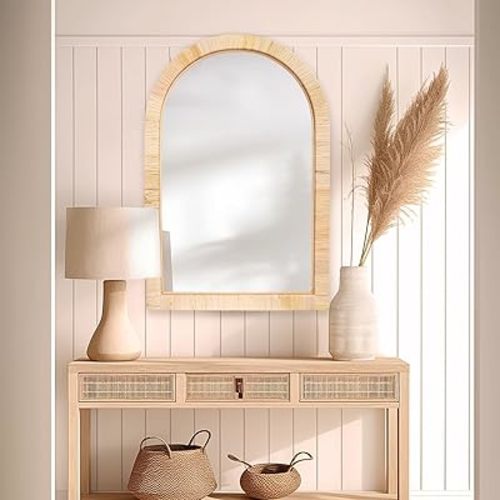 Rattan Mirror,Arch Boho Bathroom Mirror for Wall,24x36 Wicker Vanity Mirror for Nursery Décor,Coastal Farmhouse Wood Mirror for Bedroom Entryway Living Room