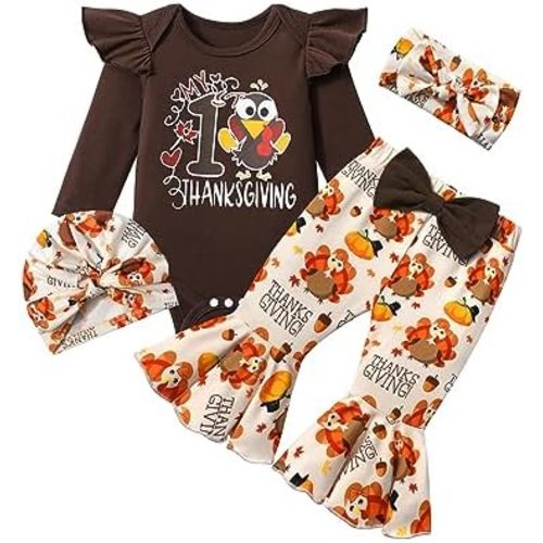 CRISONE Baby Girl Thanksgiving Outfit Long Sleeve Ruffle Romper + Turkey Pants + Headband + Hat 4pcs Clothes Set