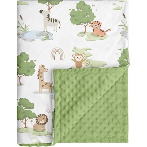 Baby Blankets for Neutral, Green Animals, 30x40 | Soft Cozy Fleece Receiving Blanket for Newborn & Toddler, 3D Minky Dotted Backing, Breathable for Crib, Stroller & Tummy Time