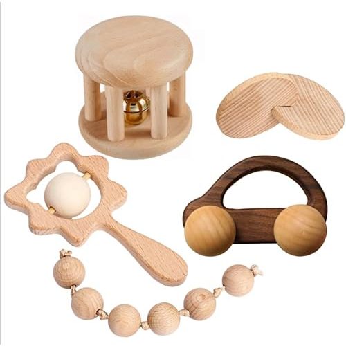 Wooden Baby Toys for Babies 0-6 Mounths, Rattles Grasping Toys Set, Montessori Wood Push Car and Handbells，Interlocking Dics Toys, Wooden Toy for Newborn Infant Baby Gifts, 5 PCS