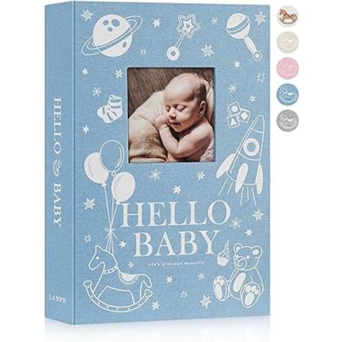 Lanpn Baby Photo Album 4x6 300 Pockets, Linen Newborn Bebe Ultrasound Photo Album with Memo Writing Area, Cover Photo Book, Picture Album for kids, Baby Boy Memory Book Keepsake Blue