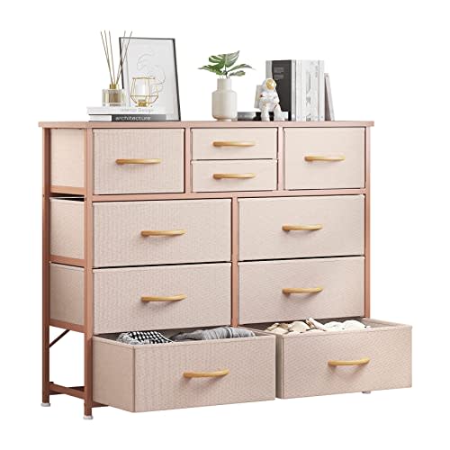 LUMTOK 10-Drawer Dresser, Fabric Storage Dressers Drawers for Bedroom, Hallway, Nursery, Closets, Steel Frame, Wood Top, Easy Pull Handle (Rose Gold)