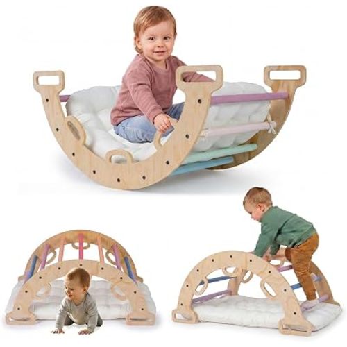Costzon Wooden Rocking Climbing Arch w/Cushion, 3-in-1 Montessori Kids Climber Rocker for Toddlers, Playground Climbing Ladder Toy, Indoor Gym Learning Playset for Boys Girls Ages 1+ (Macaron)