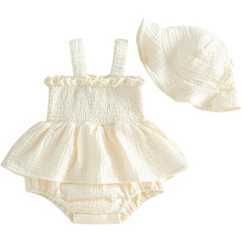 Mubineo Baby Girl Clothes Summer Dress Cotton Linen Romper Sleeveless Smocked Rompers Sun Dress Hat Skirt Boho Outfits