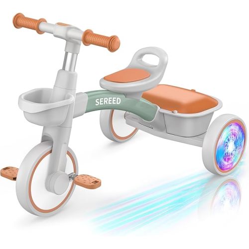 SEREED Colorful Lighting Toddler Tricycle for 2-5 Years Old Boys Girls, Adjustable Seat&Handlebar Trike, Removable Basket, Birthday Gift Idea for Kids Ages 2+ (Green)
