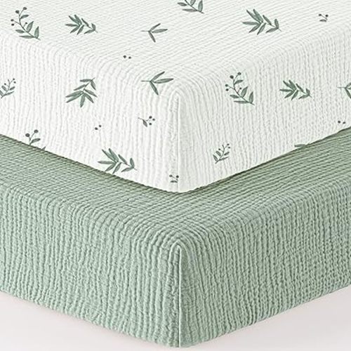 Bearmoss Muslin Mini Crib Sheets for Pack N Play Mattress - 100% Cotton - 38"x26" Soft Breathable Playard Baby Crib Sheets Neutral for Boys Girls - 2 Pack (Bamboo)