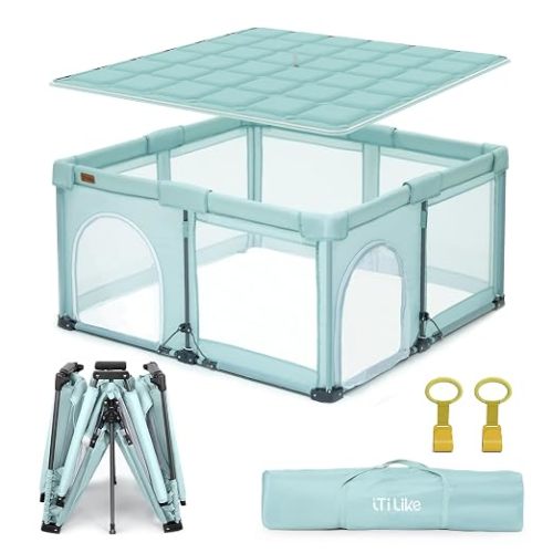 Foldable Baby Playpen, iTiLike Large Playard with Detachable Thicken Mat, Playpen for Babies and Toddlers with Storage Bag, Play Pens with Gate, Indoor & Outdoor Portable Play Yard, Sturdy Baby Fence