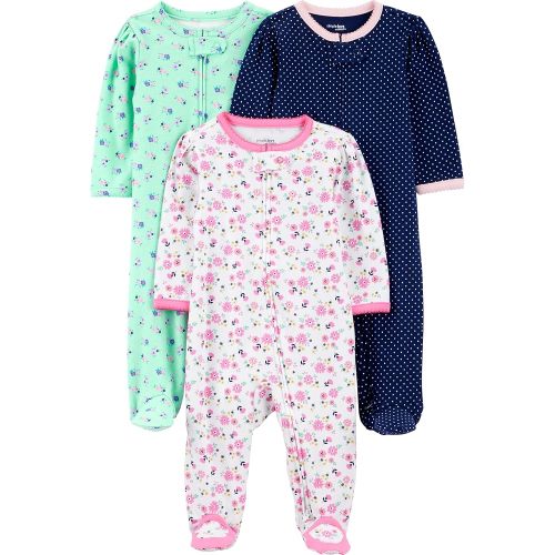 Simple Joys by Carter's Baby Girl's 3-Pack Sleep and Play Sleepwear, pink floral, blue floral, navy dot, 0-3 Months