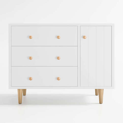 Finn 44" Narrow White Wood 3-Drawer Kids Dresser with Door