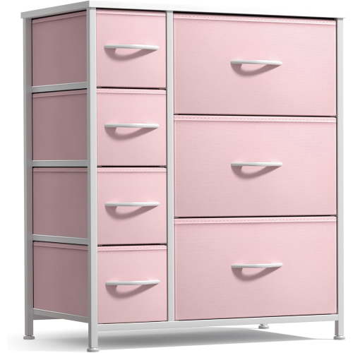 ssybab Dresser with 7 Drawers - Furniture Storage Chest for Kid’s, Teens, Bedroom, Nursery, Playroom, Clothes, Toys - Steel Frame, Wood Top, Tie-dye Fabric Bins (7-Drawer, Pastel Pink)