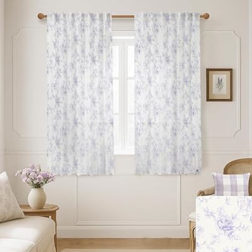 Lino Rosa Light Purple Curtains for Bedroom Girls, Sheer Cottagecore Floral Kawaii Fairy Curtains for Bathroom Shower Window