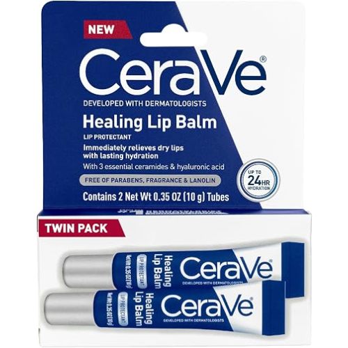 CeraVe Healing Lip Balm, Hydrating & Soothing Lip Treatment with 3 Essential Ceramides, Hyaluronic Acid & Petrolatum, 24-Hour Hydration for Dry and Cracked Lips, Fragrance-Free